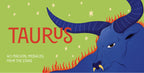 Illustration of a blue Taurus bull with stars on a green background, featuring the word 'Taurus' and text about magical messages from the stars.