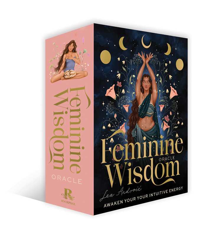 Feminine Wisdom Oracle book cover with a woman in a meditative pose against a night sky with moons and stars.