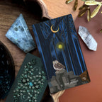 Card with an owl and moon design on a wooden surface with crystals and leaves.