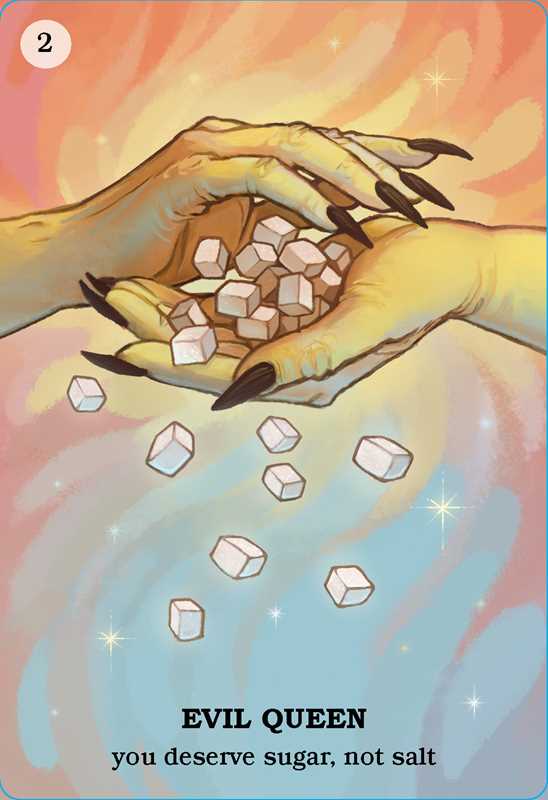 Illustration of a hand holding a bowl of sugar cubes with a colorful background, labeled 'Evil Queen'.