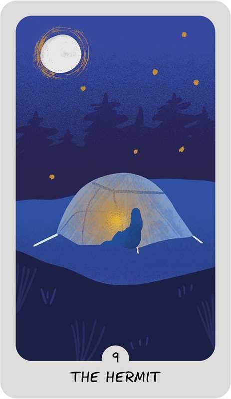 Illustration of a person sitting inside a tent under a night sky with stars and moon.