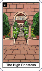 Card titled 'The High Priestess' with a garden and archway design.