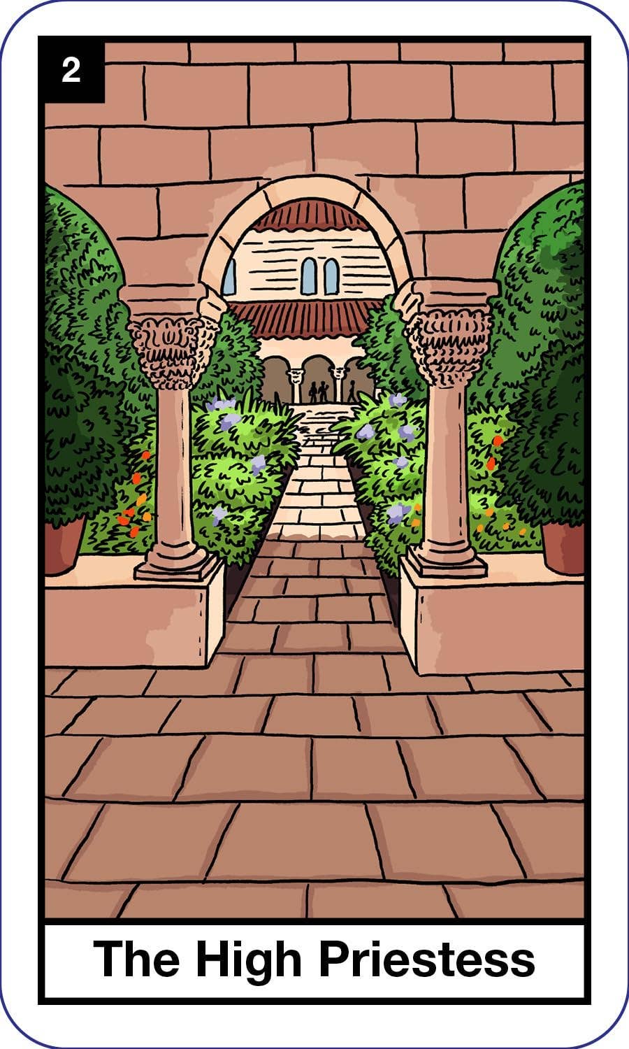 Card titled 'The High Priestess' with a garden and archway design.