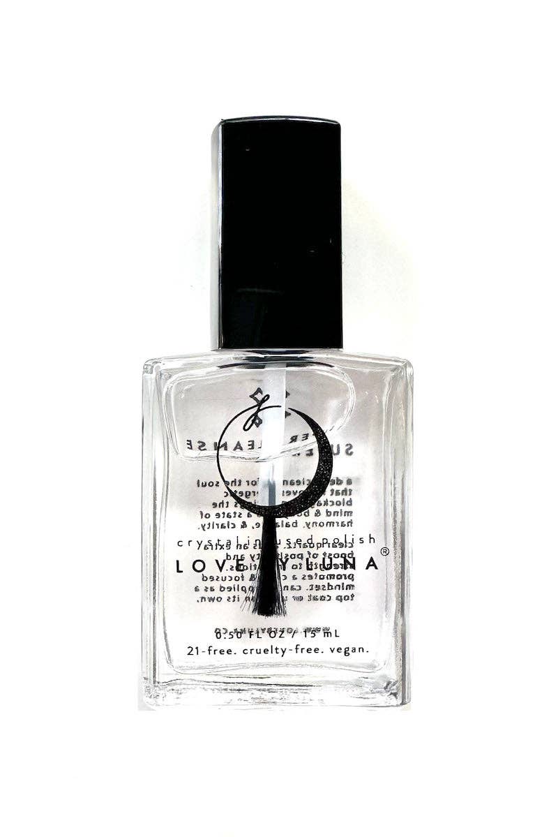 Perfume bottle with a black cap and clear body on a white background