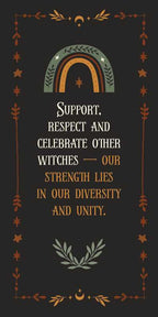 Decorative design with rainbow, text, and symbols on a dark background