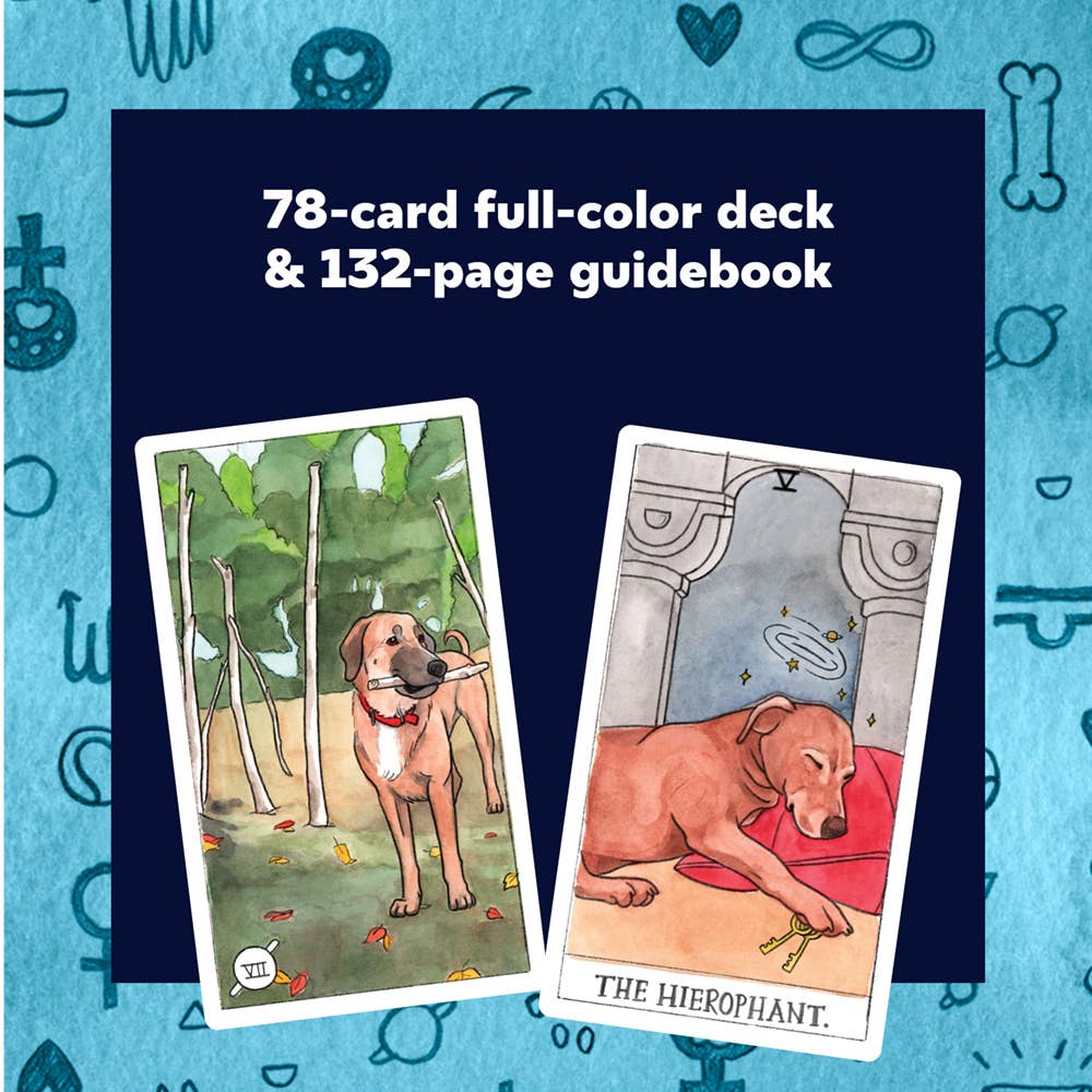 Two tarot cards with dog illustrations on a blue background with card symbols.