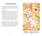 Illustration of a dog labeled 'The Magician' with tarot card design elements.