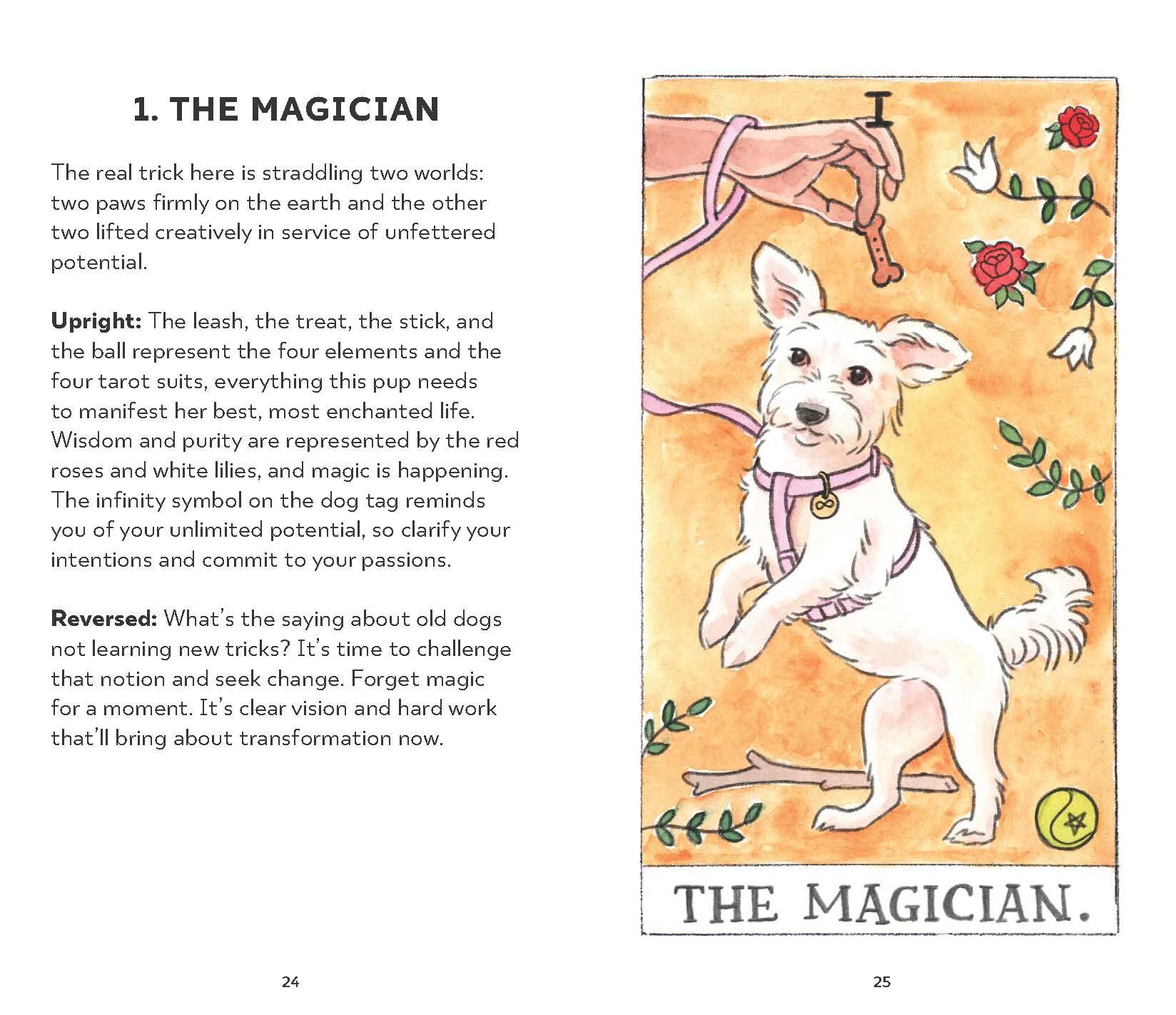 Illustration of a dog labeled 'The Magician' with tarot card design elements.