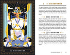 Illustration of The Hierophant from a tarot card deck with text on a black background