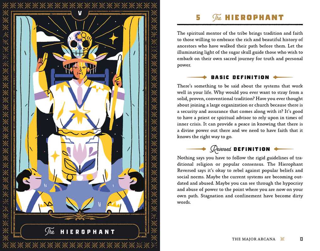 Illustration of The Hierophant from a tarot card deck with text on a black background