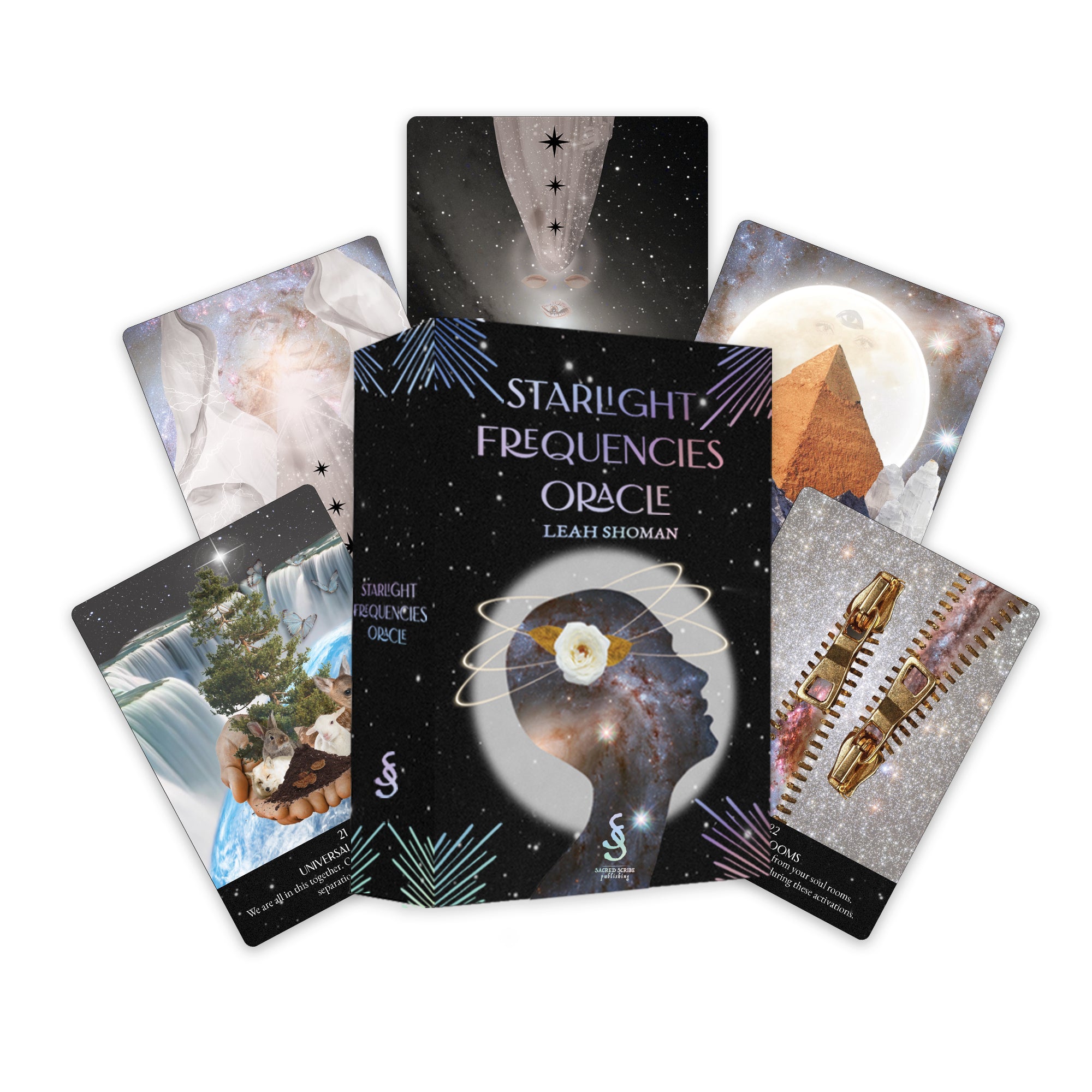 Starlight Frequencies Oracle cards by Leah Shoman on a white background