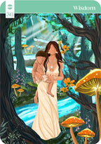 Card with a woman holding a child in a forest setting, labeled 'Wisdom'.