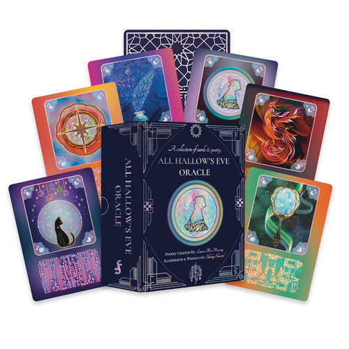 All Hallow's Eve Oracle cards with colorful designs on a white background