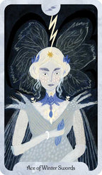 Card from a tarot deck featuring a character with angelic wings and a lightning bolt symbol, labeled 'Ace of Winter Swords'.