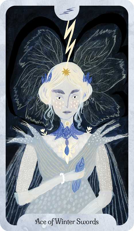 Card from a tarot deck featuring a character with angelic wings and a lightning bolt symbol, labeled 'Ace of Winter Swords'.