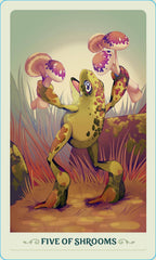 Illustration of a frog holding mushrooms with text 'Five of Shrooms' on a nature-themed background