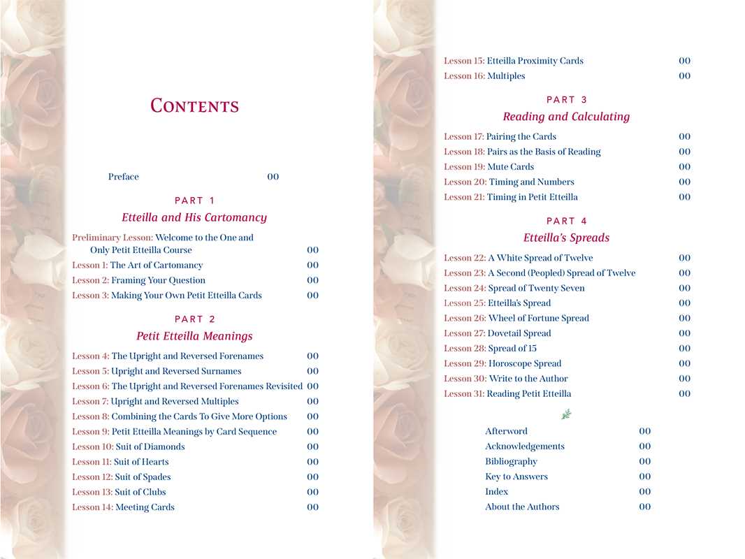 Table of contents for a book or manual with floral design on the left side.