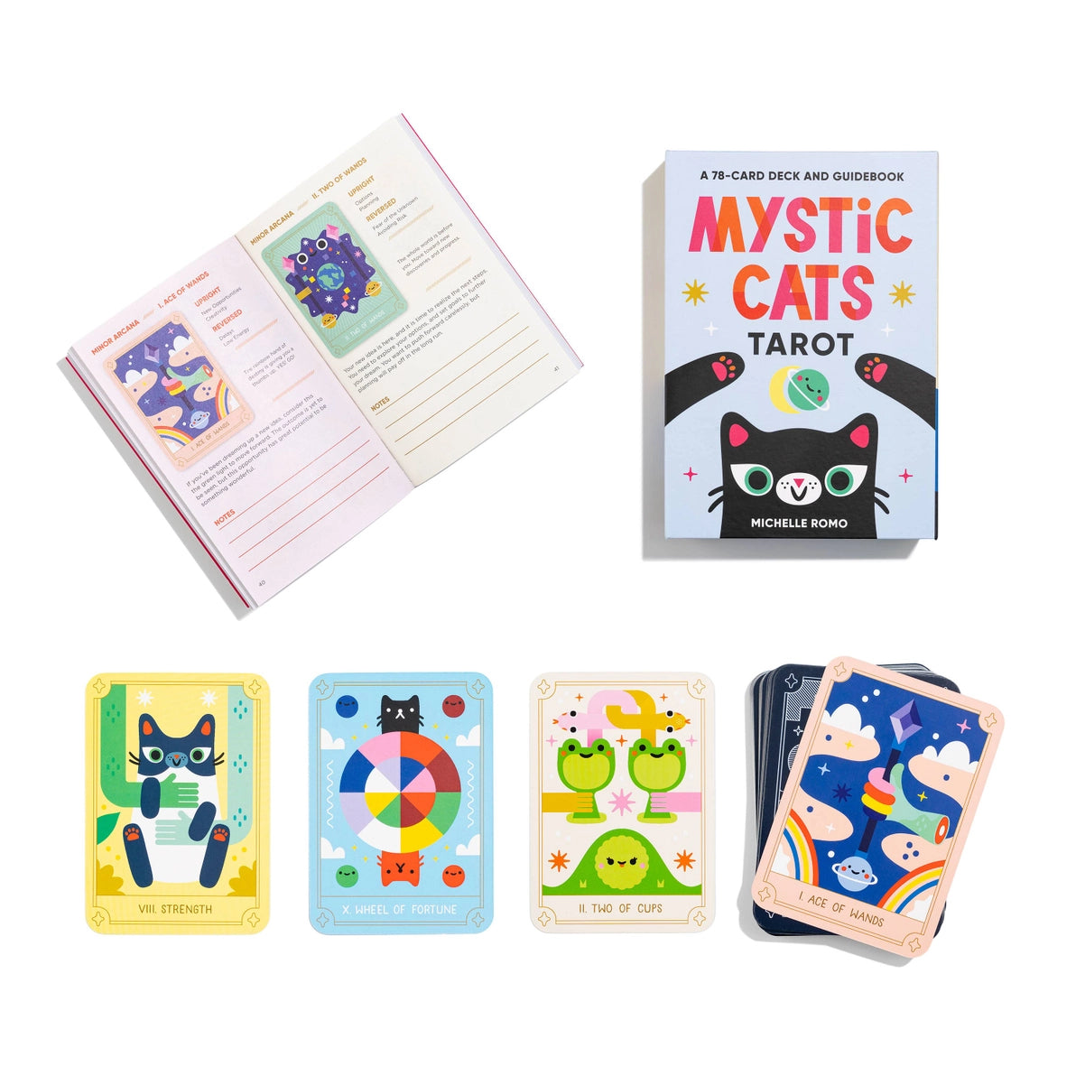 Mystic Cats Tarot card set with cards and guidebook on a white background