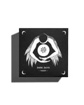 Black and white tarot card design with a central figure and 'Dark Days Tarot' text on a black background.