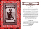 Illustration of a creature labeled 'Abraxas' with text on a red and black decorative background.