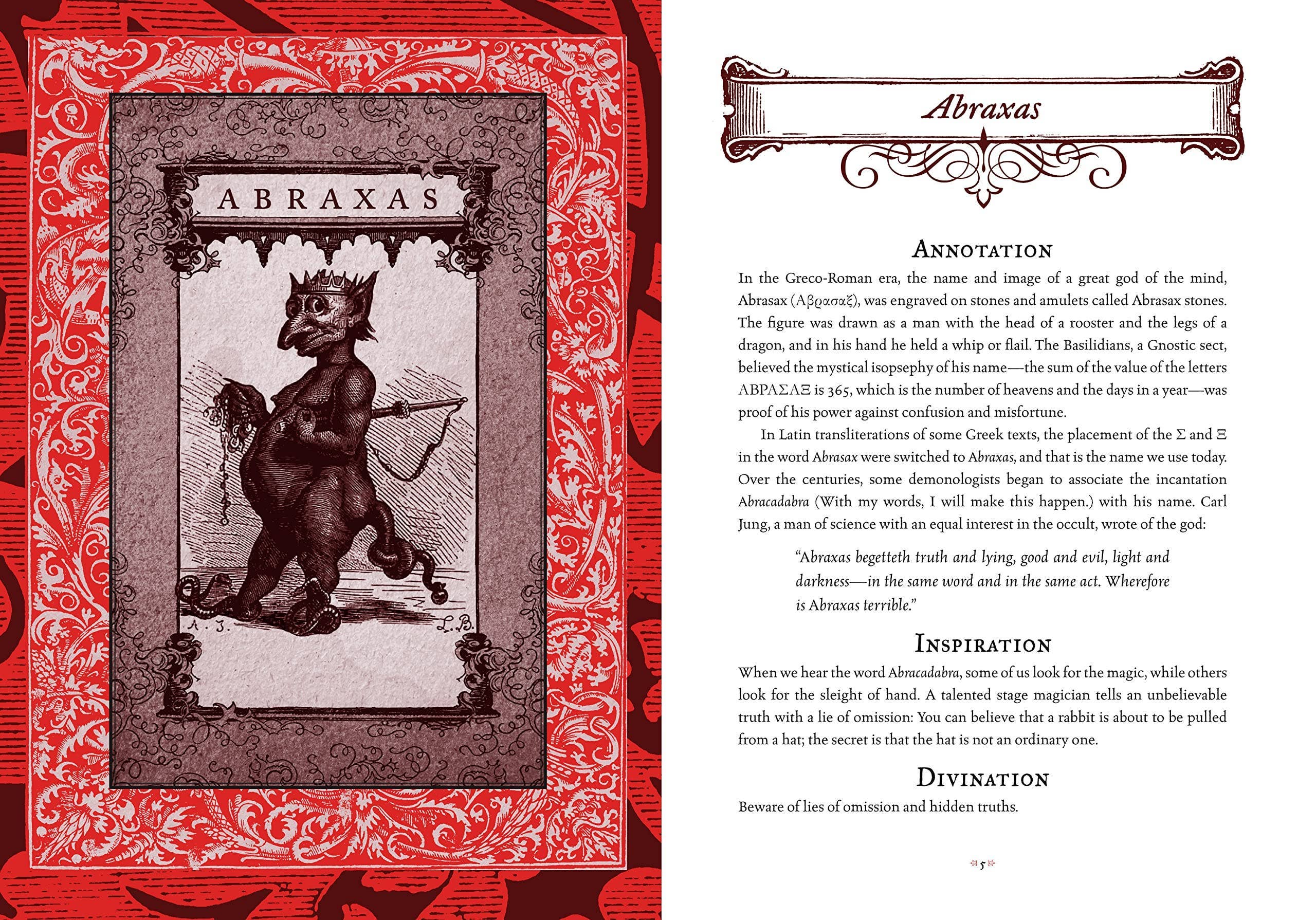 Illustration of a creature labeled 'Abraxas' with text on a red and black decorative background.