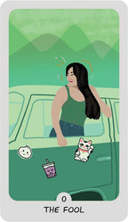 Card titled 'The Fool' featuring a person in a car with cartoon elements on a green background