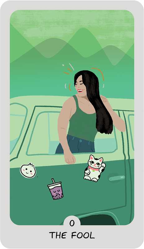 Card titled 'The Fool' featuring a person in a car with cartoon elements on a green background