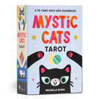 Mystic Cats Tarot book cover with colorful text and cat illustrations on a light blue background
