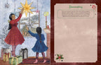 Illustration of two children decorating a window with a star, next to a decorative paper with text.