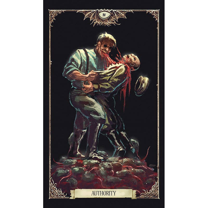 Tarot card titled 'Authority' with a dark, dramatic design featuring a figure holding another by the hair.