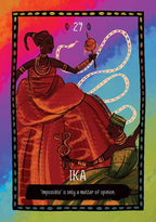 Card with a stylized illustration of a person in a red garment against a colorful background