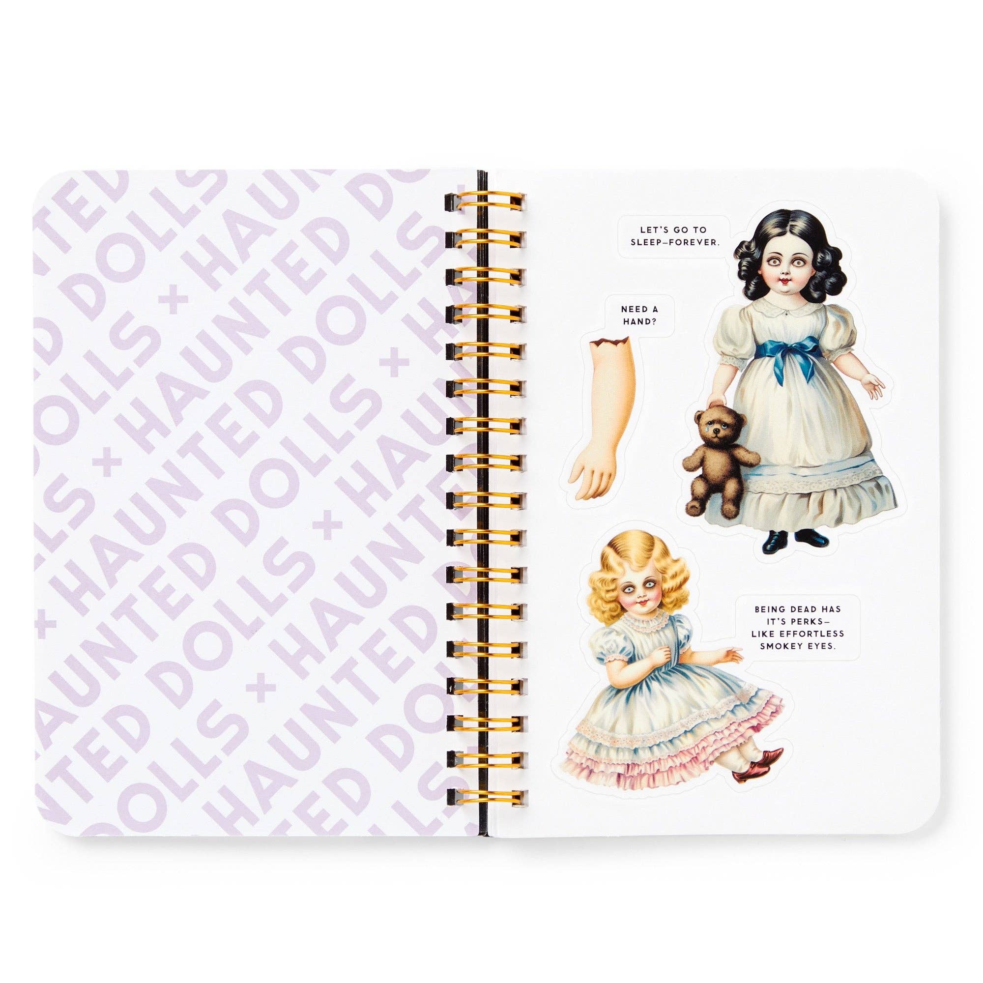 Notebook with illustrations of dolls on a white background