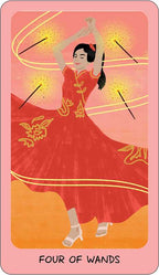 Card from a tarot deck featuring a woman in a red dress with wands, on a pink background.