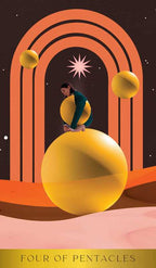 Card from a tarot deck with a person balancing on a large yellow ball, under an archway with a sun symbol, against a dark background.