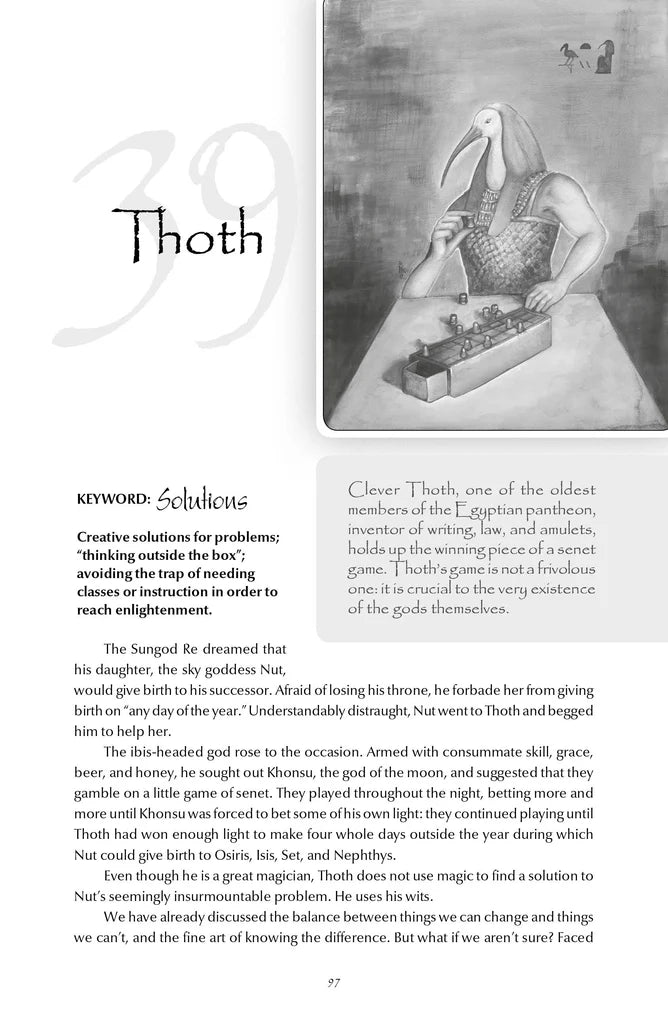 Page from a book or magazine featuring an illustration of Thoth and text about him.