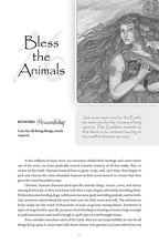 Page from a book titled 'Bless the Animals' with an illustration of a woman and text.
