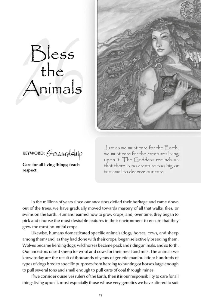 Page from a book titled 'Bless the Animals' with an illustration of a woman and text.
