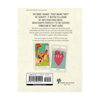 Back cover of a tarot card set packaging with text and two tarot cards displayed.