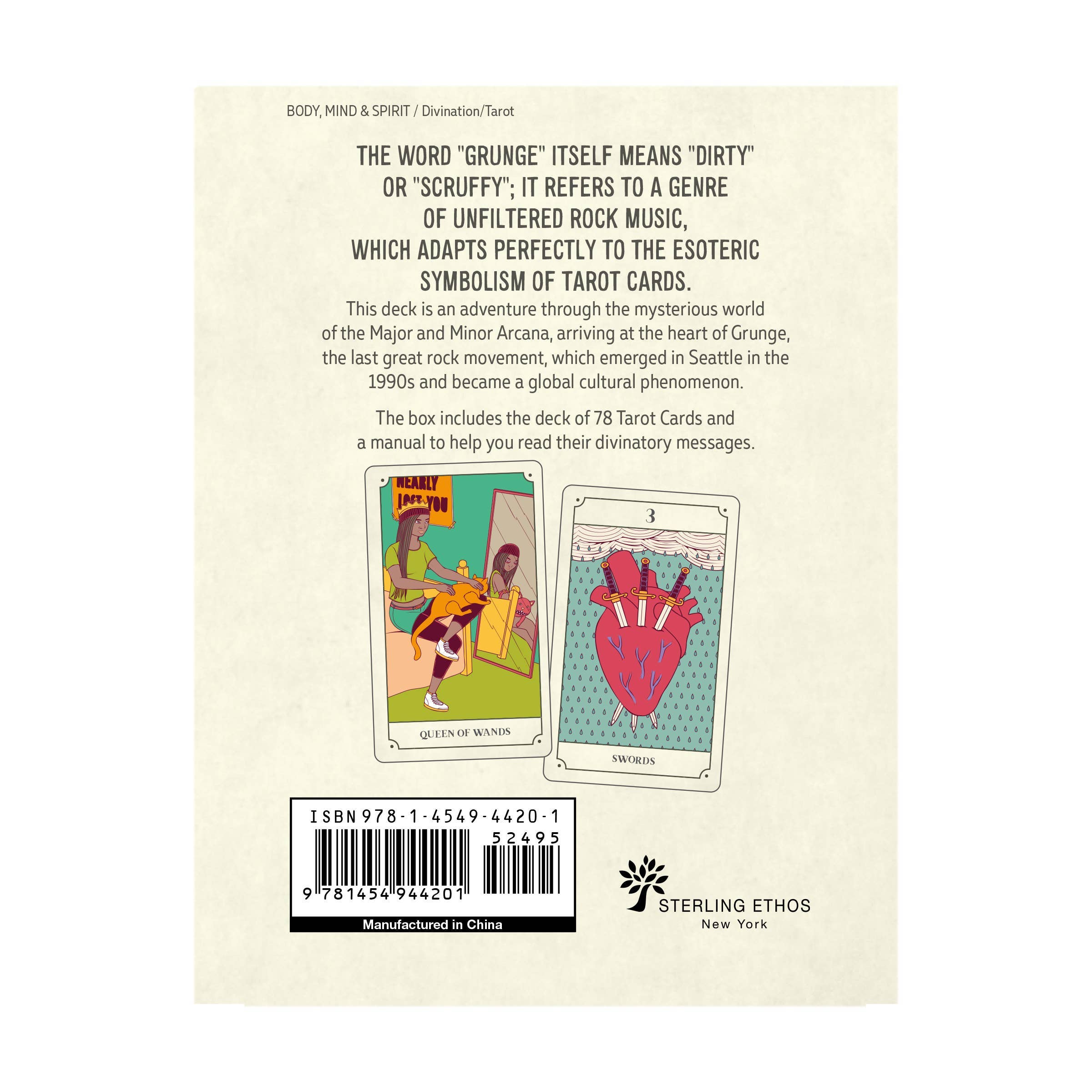 Back cover of a tarot card set packaging with text and two tarot cards displayed.