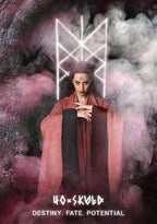 Woman in a red robe with a mystical symbol behind her, surrounded by smoke and dark elements.