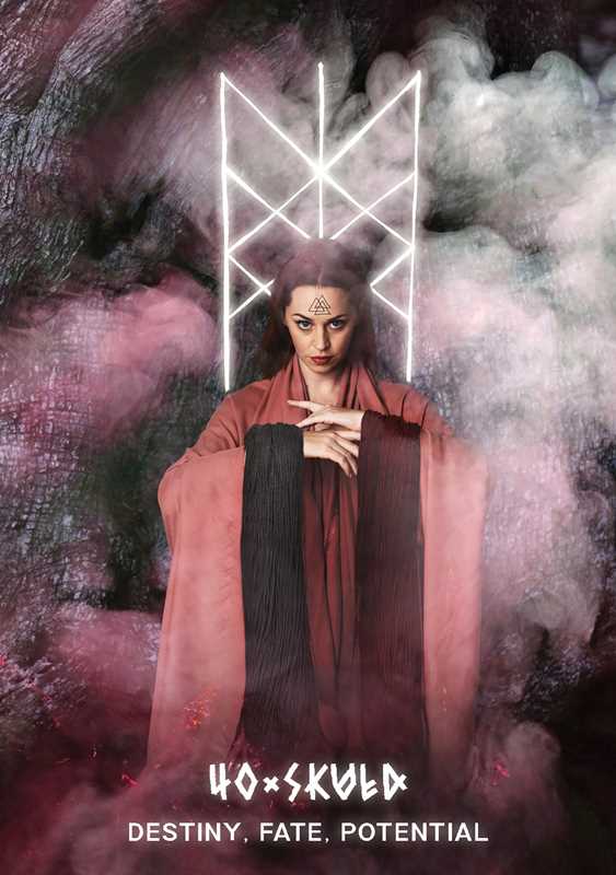 Woman in a red robe with a mystical symbol behind her, surrounded by smoke and dark elements.