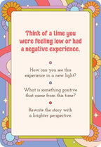 Colorful card with text prompts for rewriting negative experiences with a brighter perspective.