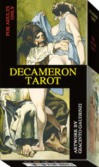Decameron Tarot card set packaging with artistic illustrations and 'For Adults Only' label.