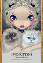 Illustration of a girl with two kittens and text 'Two Kittens' on a gold-framed background