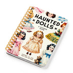 Sticker book titled 'Haunted Dolls' with vintage-style illustrations on a white background