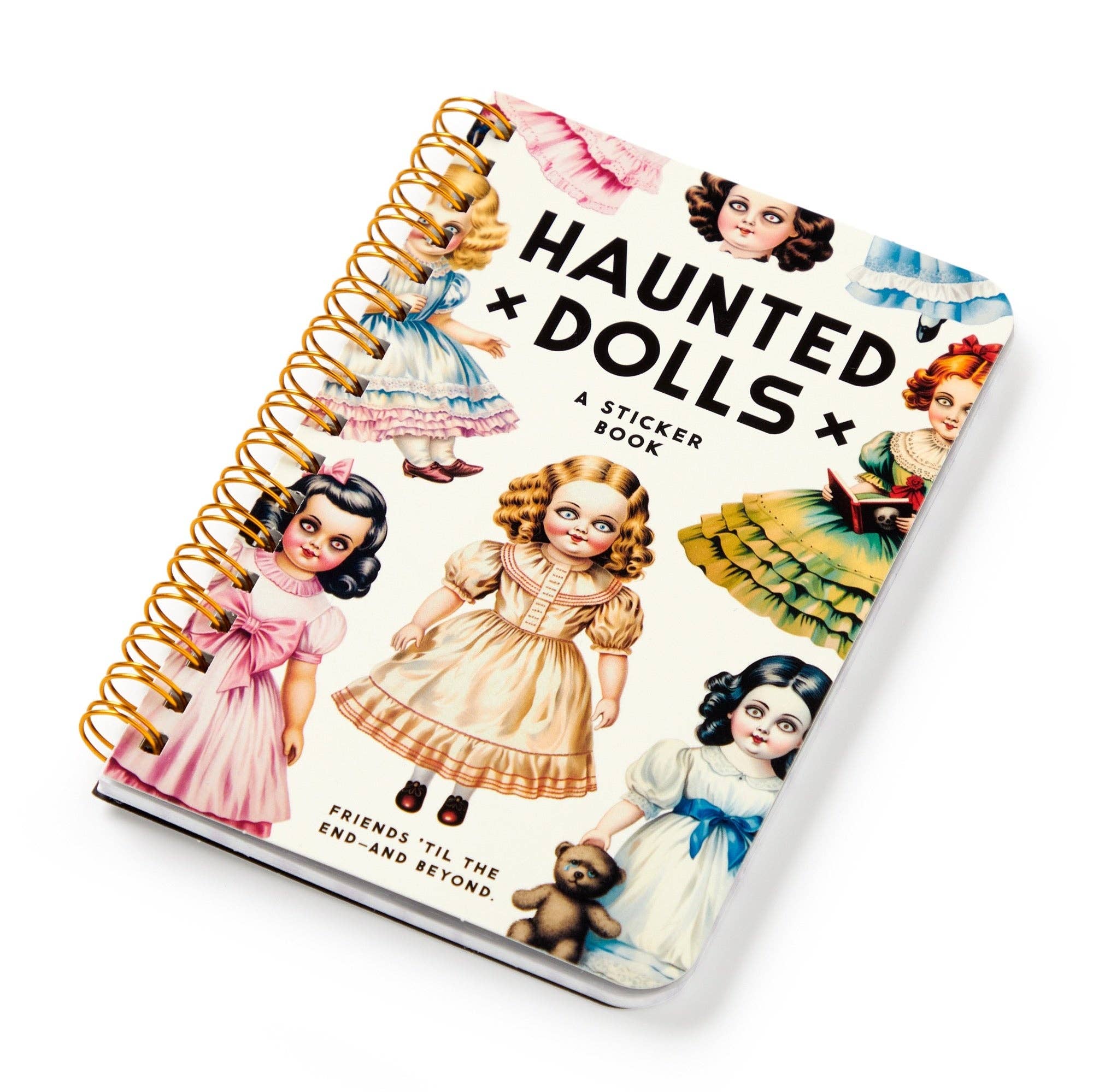 Sticker book titled 'Haunted Dolls' with vintage-style illustrations on a white background