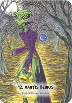 Alien-like creature in a purple outfit with a forest background, labeled '12. Mantis Beings'.