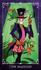 Cartoon character dressed as a magician with a green curtain background