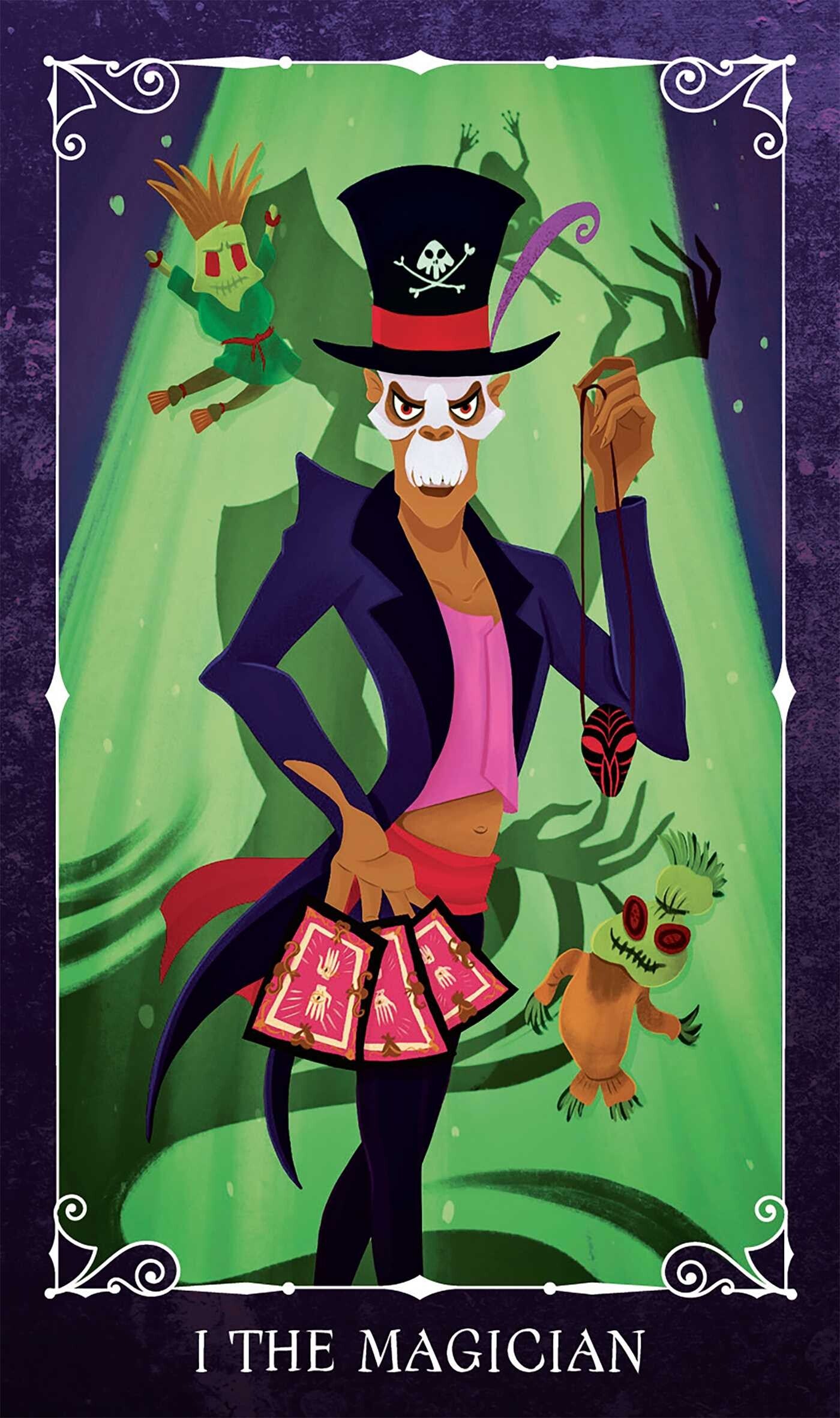 Cartoon character dressed as a magician with a green curtain background