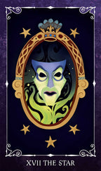 Tarot card featuring a mask with decorative frame and stars on a dark background